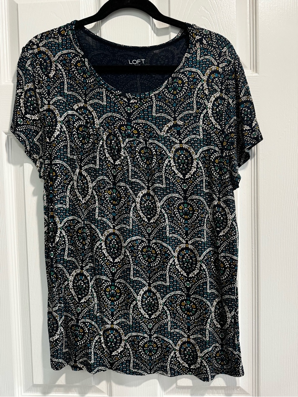 LOFT Black Short-Sleeve Patterned Tee with White and Teal Accents